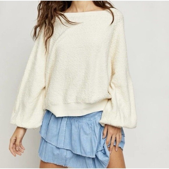 Free People Found My Friend Cream Balloon Sleeve Textured Knit Sweater Small - Picture 1 of 12